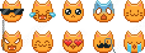 Set of colored pixel cat emoticons, with different facial expressions, 8-bit icons.