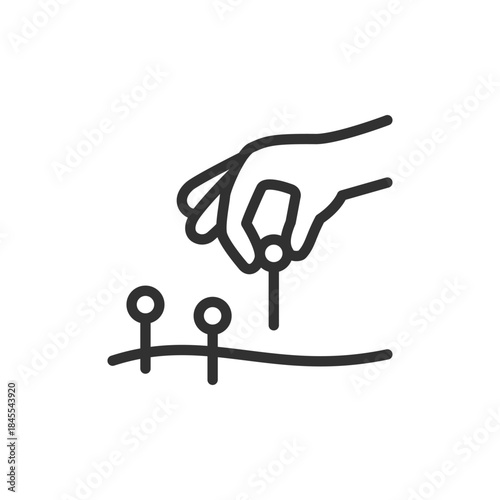 Hand with needle, linear icon. Acupuncture therapy procedure. Line with editable stroke.