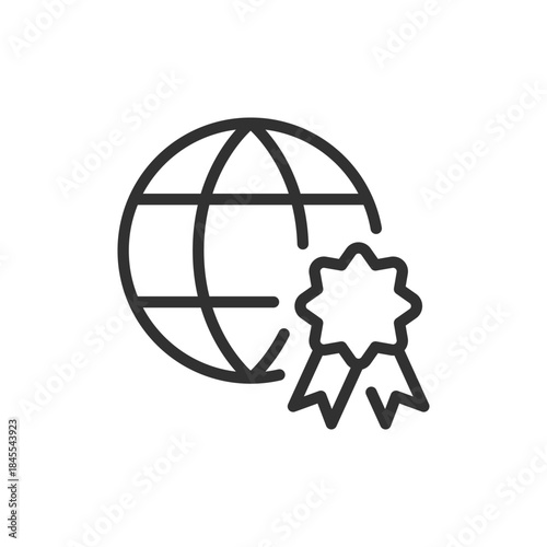 Globe with ribbon badge, linear icon. International certification and global approval. Line with editable stroke.