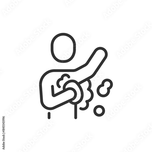 Person washing with sponge, linear icon. Shower hygiene and body care. Line with editable stroke.