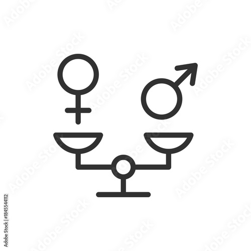 Scales with gender symbols, linear icon. Gender equality and social balance. Line with editable stroke.