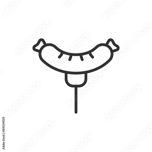 Sausage on fork, linear icon. Grilled food and meal serving. Line with editable stroke.