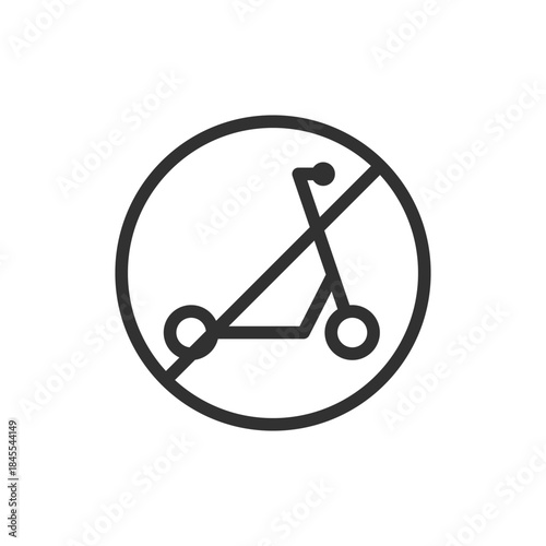 Scooter crossed out, linear icon. No scooter rule and restricted area. Line with editable stroke.