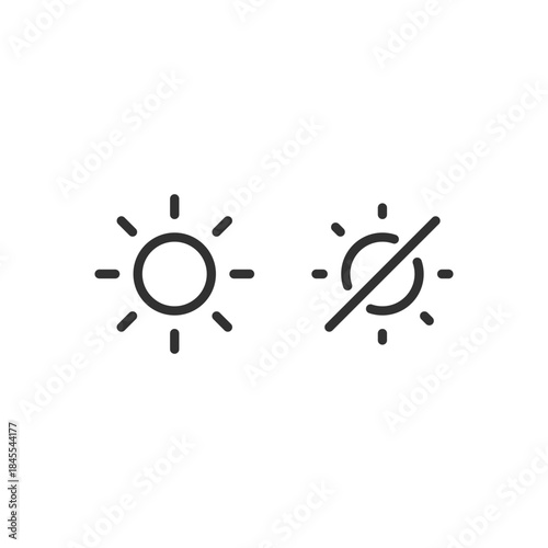 Sun and crossed sun, linear icon. Light on and off brightness control. Line with editable stroke.