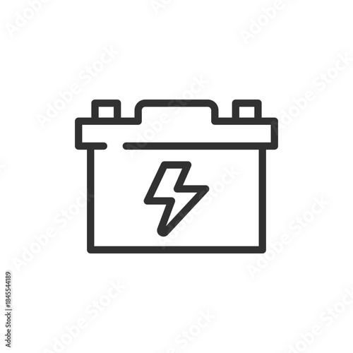 Car battery with lightning, linear icon. Vehicle power source and energy storage. Line with editable stroke.