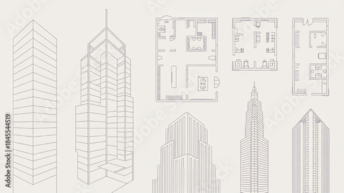 Collection of architectural blueprints and building designs including floor plans and skyscraper elevations for real estate and urban planning concepts