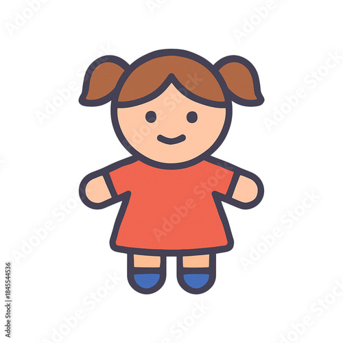 Smiling cartoon girl in orange dress and blue shoes