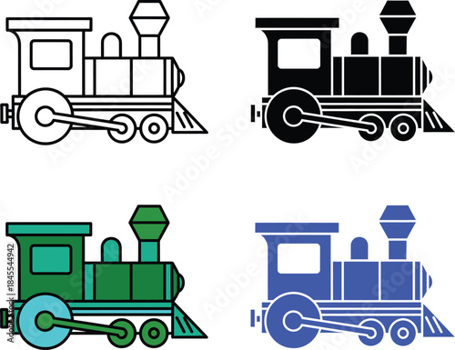 Four colorful cartoon train in black white green and blue