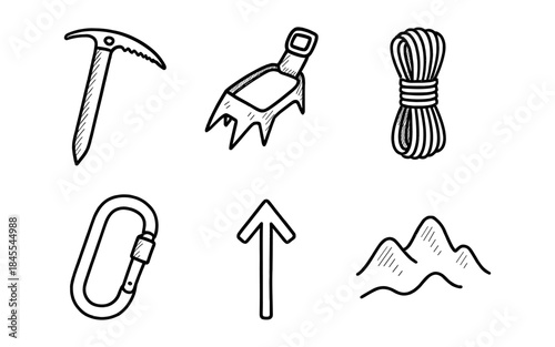 Doodle icons for climbing and mountaineering gear on a white background