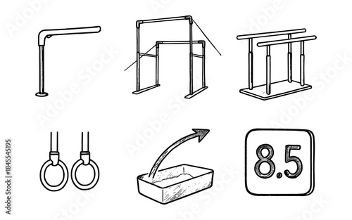 Gymnastics equipment and scoring icons in a hand-drawn sketch style