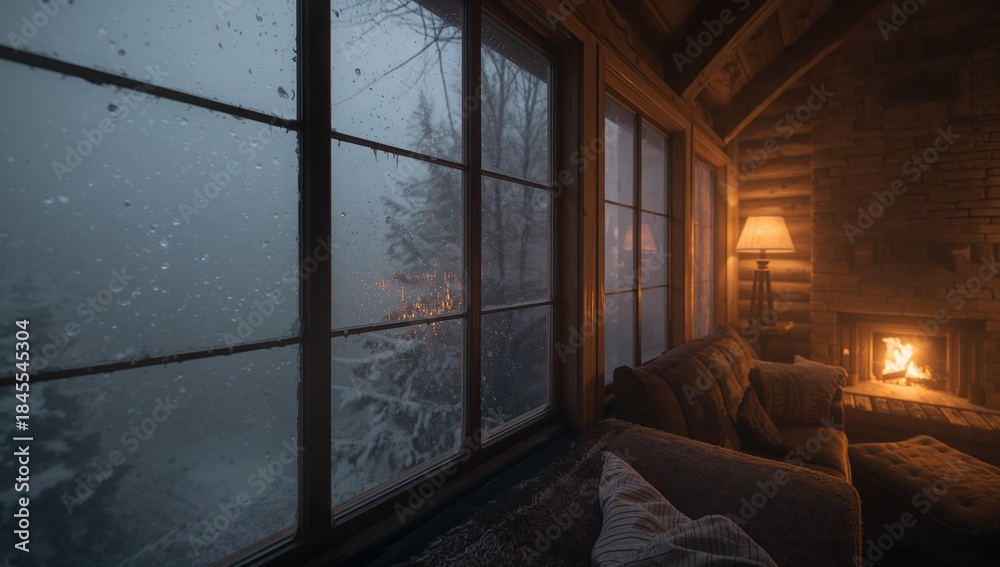 Obraz premium Framing paned window showing frosted glass over snowy forest, with sofa and fireplace, copy space