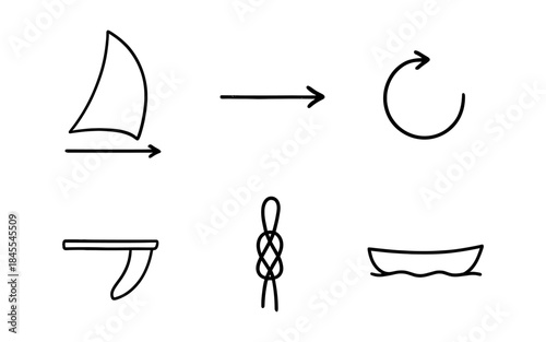 Set of simple line icons representing sailing and boating elements on a white background