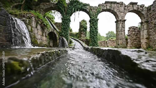 Ancient stone aqueduct with flowing water and lush greenery in a park.