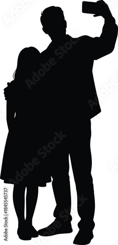 Couple taking selfie silhouette illustration showing modern connection, smartphone photography, and relationship bonding moment outdoors, black art style, flat vector