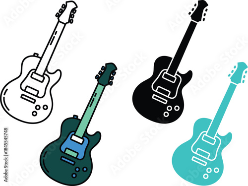 Four colorful electric bass guitars in different colors and outlines musical instruments