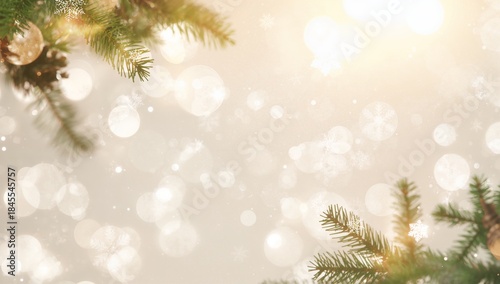 Glowing bokeh lights filling warm studio backdrop, framing evergreen branches with glass ornament