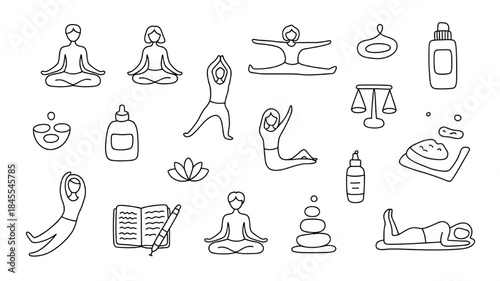 Collection of hand-drawn yoga and meditation icons representing wellness and balance perfect for health apps and wellness websites