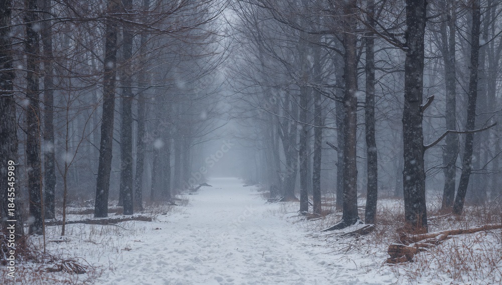 Fototapeta premium Leading centered snowy trail stretching into foggy forest, bordered by tall bare trees and tracks