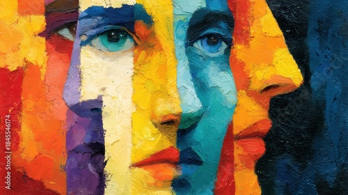 Faces in color express different emotions through vibrant shapes and layers in an abstract artwork