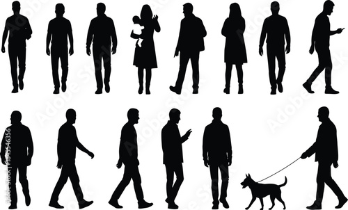 Diverse Silhouettes of People Walking, Standing, and Engaging in Everyday Activities for Graphic Design