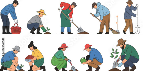 Diverse group of people cultivating gardens, planting seedlings, and performing various outdoor horticultural tasks with tools, showcasing community engagement and sustainable living
