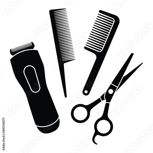 Hairdresser tools for hair cutting and styling on transparent background barber shop equipment hair clippers combs and scissors professional haircut accessories set