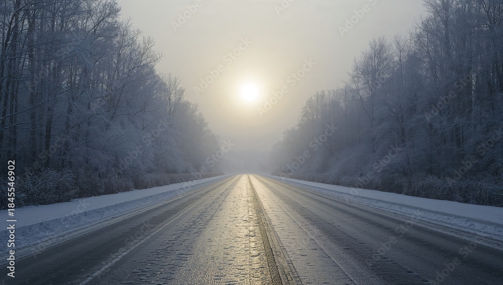 Obraz premium Running two-lane road through frosted woods toward pale sun in mist, with icy lane markings, seam