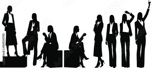 Set of Diverse Professional Businesswomen Silhouettes Depicting Various Corporate Poses and Interactions for Teamwork and Success Concepts
