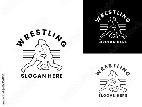 Wrestling athlete sport with abstract ring logo design vector template