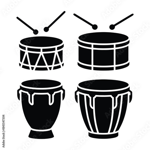 Set of four percussion instruments, including snare drums and conga drums with drumsticks, depicted in black silhouettes on a transparent background