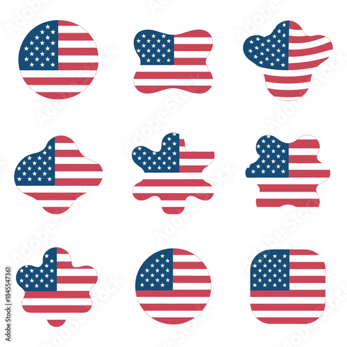 Set of nine diverse american flag shapes depicting patriotism and national pride, each showcasing stars and stripes pattern within unique geometric forms