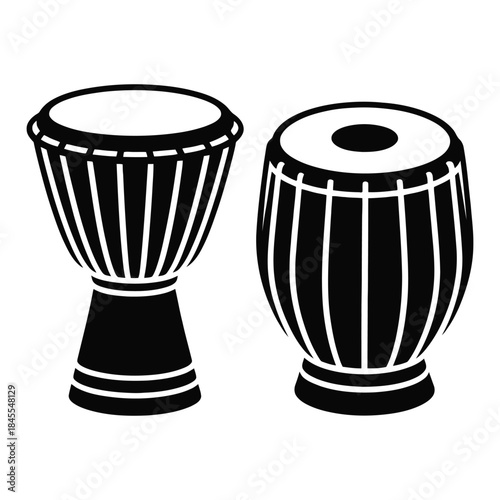 Two traditional indian drums called tabla and djembe, musical instruments with a rich cultural heritage, are presented as black silhouettes on a transparent background