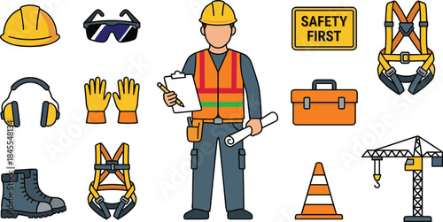 Construction safety equipment icons set with engineer worker, helmet, gloves, harness, tools, crane, flat vector illustration design