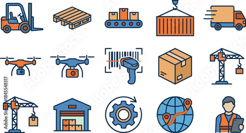 Logistics and supply chain icons set, warehouse, shipping, delivery, transportation, inventory management, global distribution, modern flat vector illustration