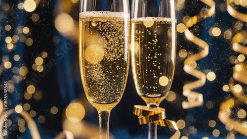 Two champagne flutes filled with sparkling wine and bubbles, set against a dark blue background with golden bokeh lights and streamers for celebration