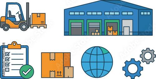 Warehouse logistics and supply chain icons, forklift, storage building, inventory control, packaging, global distribution, operations management, flat vector illustration