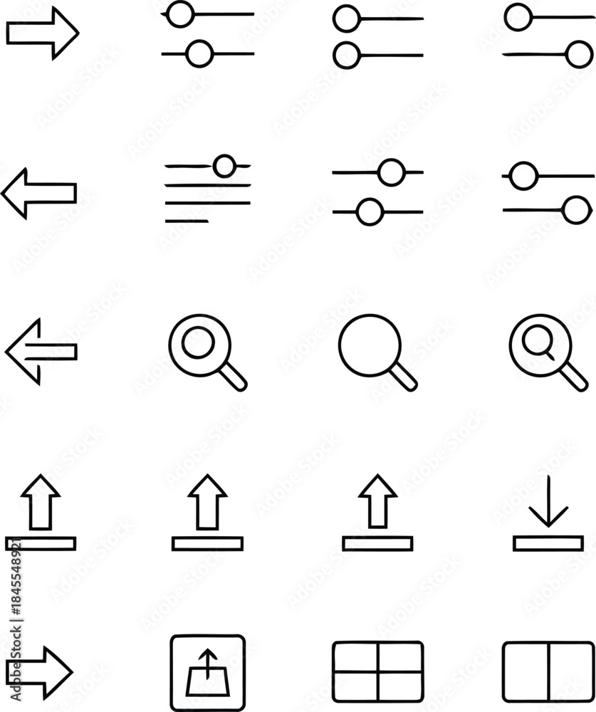 Fototapeta premium Set of icons including arrows, sliders, search, upload and download symbols
