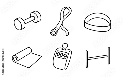 Collection of simple line art icons representing fitness and exercise equipment