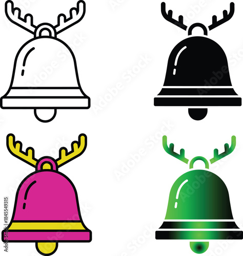 Four reindeer bell in outline solid pink and green gradient antlers Christmas