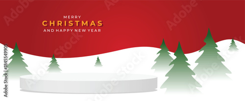 A festive Christmas greeting banner featuring a red gradient sky, snowy hills, evergreen trees, and a circular pedestal. Ideal for holiday cards, corporate greetings, and seasonal announcements