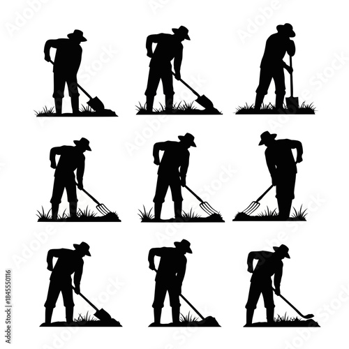 Silhouette of a man working with a shovel in different positions isolated on
