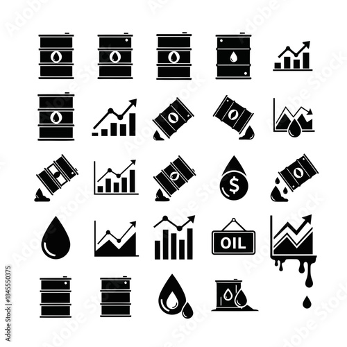 Set of oil industry icons including barrels, charts, and financial symbols on