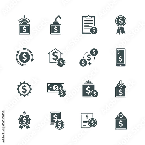 Set of financial and business icons including money, investment, and property symbols