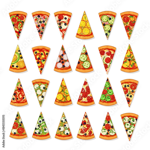 Assorted slices of pizza with various toppings isolated on