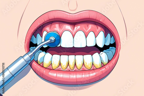 Close up illustration of open mouth with dental tool cleaning yellow stained teeth image