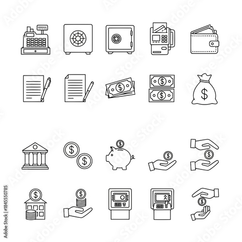 Set of financial icons including bank, money, wallet, and transaction symbols
