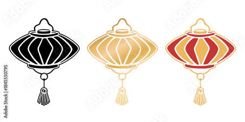 Hanging rhombus Chinese lantern with tassel isolated on white. Drawing black stencil silhouette, golden and yellow red colored version. Vector clipart for Lantern Festival and Lunar New Year design.