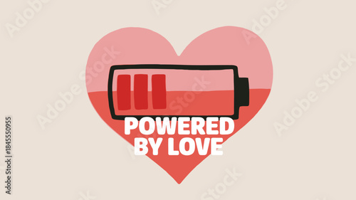 Minimalist illustration of heart shaped battery powered by love on beige background