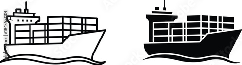 Black and White Line Art Two Container Ships with Cargo and Wave Details on Water