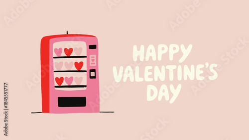 A minimalist illustration of a pink vending machine with hearts for valentine's day on a soft background